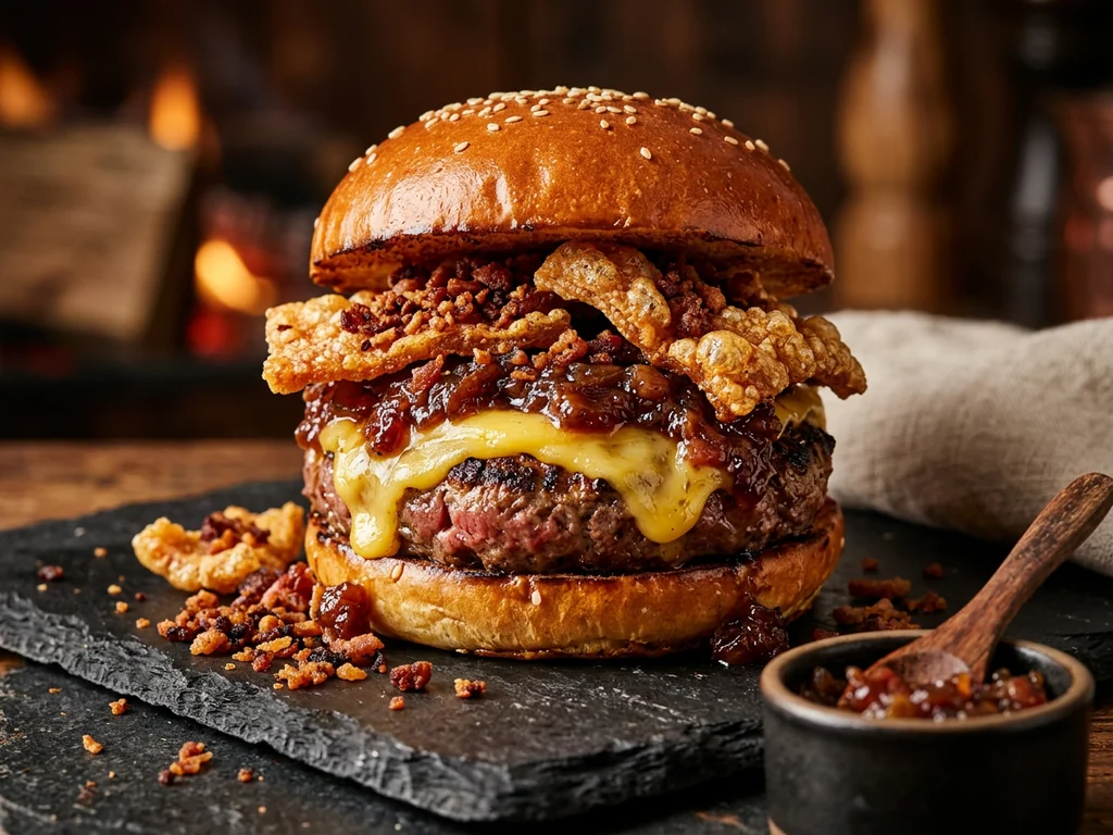 Esfinge: 180 g de vaca Simmental madurada 30–40 días, doble cheddar, doble bacon y salsa…